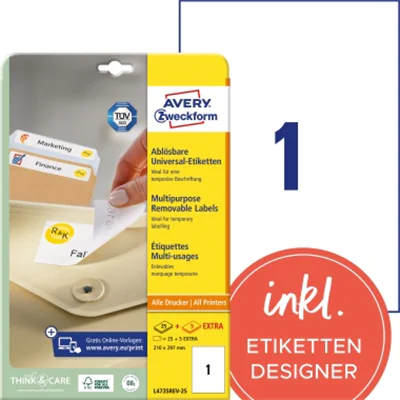 Avery Zweckform Etikett L4735REV-25 210x297mm weiß 30 St./Pack. Avery Zweckform Etikett L4735REV-25 210x297mm weiß 30 St./Pack.