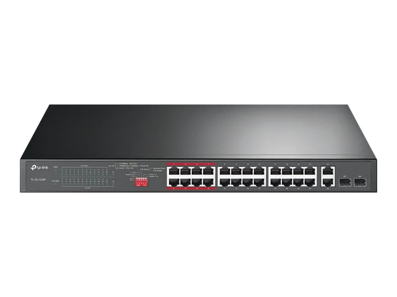 TP-Link TL-SL1226P - Switch - unmanaged - 24 x 10/100 (PoE+) + 2 x 10/100/1000 + 2 x Kombi-Gigabit-SFP - Desktop, an Rack montierbar - PoE+ (250 W)