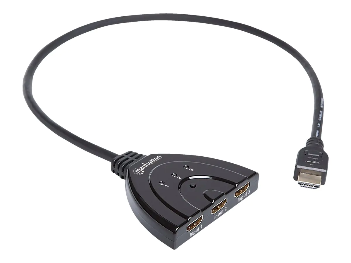 Manhattan HDMI Switch 3-Port, 1080p, Connects x3 HDMI sources to x1 display, Manual Switching (via button), Integrated Cable (58cm), No external power required, Black, Three Year Warranty, Blister - Video/Audio-Schalter - 3 x HDMI - Desktop