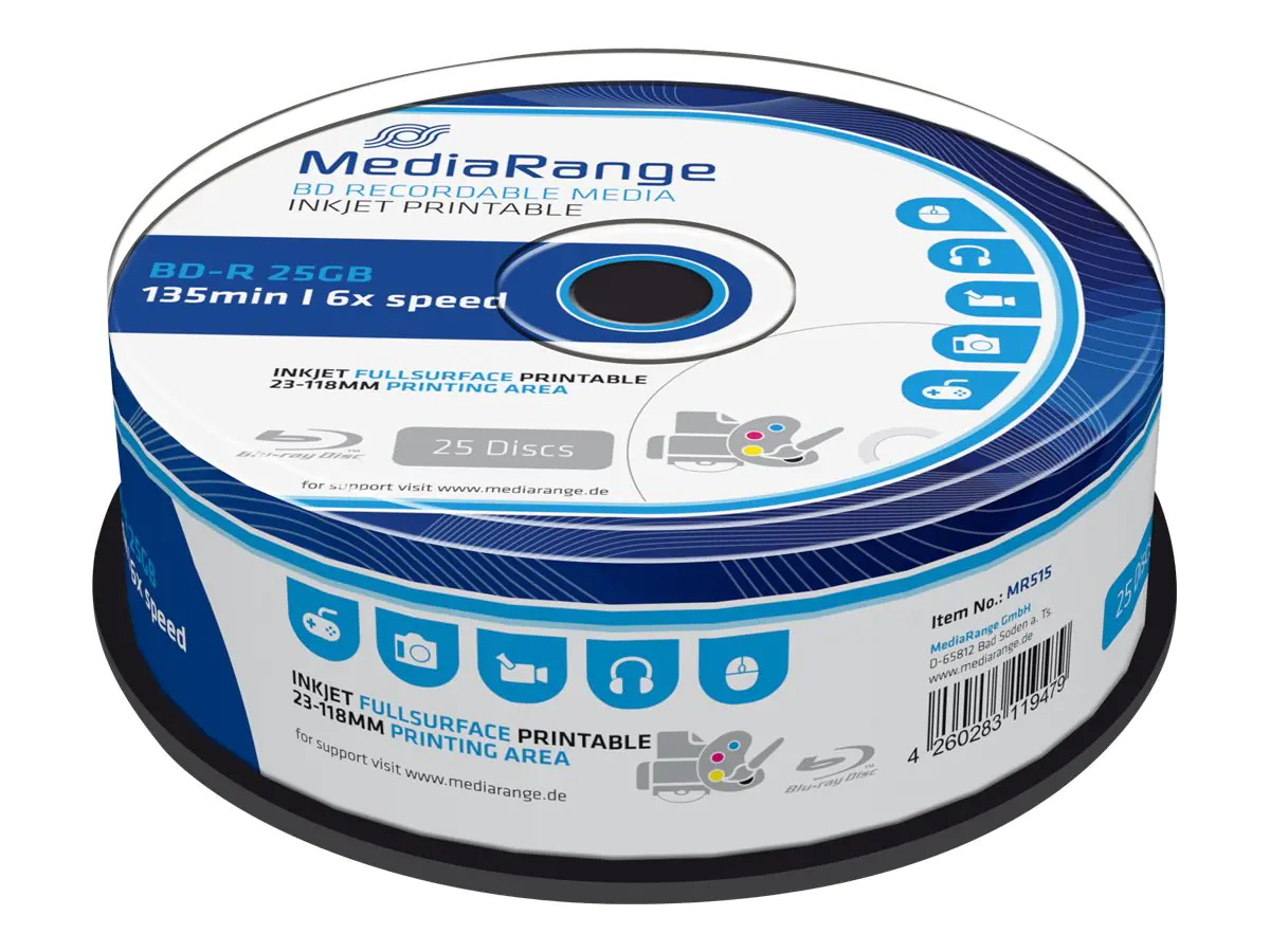 MediaRange - 25 x BD-R - 25 GB 6x - mit Tintenstrahldrucker bedruckbare Oberfläche - Spindel