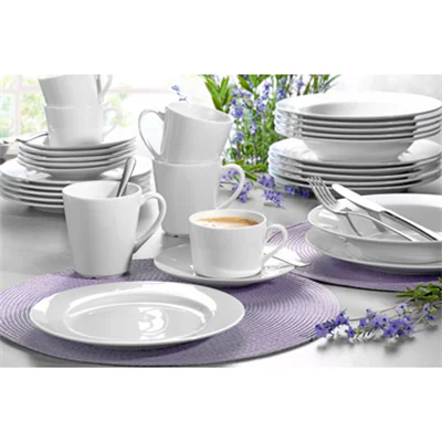 Esmeyer® Essservice Heike je 6 Kaffeetassen, Untertassen, Dessertteller, Speiseteller, Suppenteller Porzellan weiß