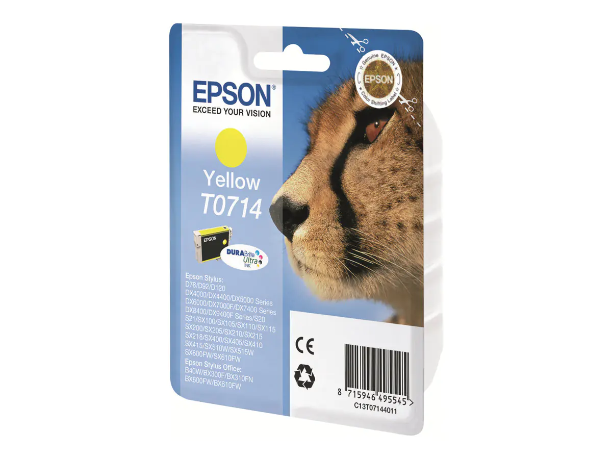 Epson T0714 - 5.5 ml - Gelb - Original - Blisterverpackung - Tintenpatrone - für Stylus DX9400, SX115, SX210, SX215, SX218, SX415, SX515, SX610; Stylus Office BX310, BX610 Epson T0714 - 5.5 ml - Gelb - Original - Blisterverpackung - Tintenpatrone - für Stylus DX9400, SX115, SX210, SX215, SX218, SX415, SX515, SX610; Stylus Office BX310, BX610