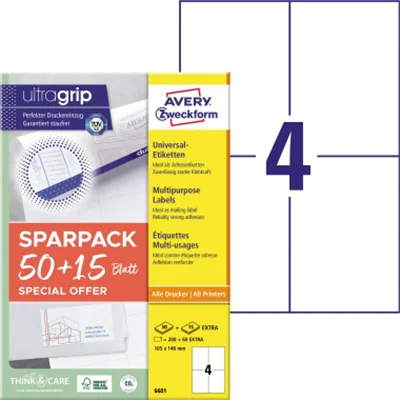 Avery Zweckform Universaletikett ultragrip 105 x 148 mm (B x H) nicht wieder ablösbar Papier weiß 260 Etik./Pack. Avery Zweckform Universaletikett ultragrip 105 x 148 mm (B x H) nicht wieder ablösbar Papier weiß 260 Etik./Pack.