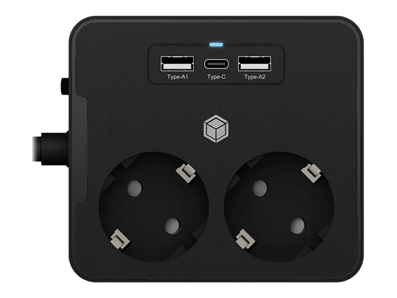 ICY BOX IB-MPS2220B-CH - Steckdosenleiste - für Tisch- oder Wandmontage, mit USB-Ladegerät - Wechselstrom 230 V - Eingabe, Eingang power CEE 7/7 - Ausgangsanschlüsse: 2 (2 x USB, 24 pin USB-C, 2 x CEE 7/3) - 1.9 m Schnur - Europa - Schwarz