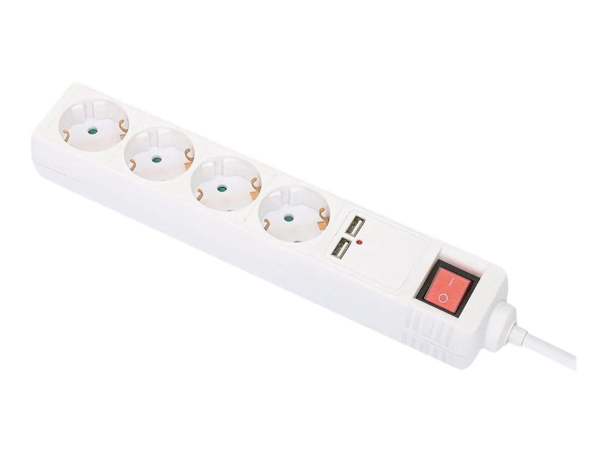 Manhattan Power Distribution Unit EU (2-pin), x4 gang/output & x2 USB-A ports with on/off switch, 2m cable, 16A, White, Extension Lead, PDU, Power Strip, 2.1A shared USB-A output, Three Year Warranty - Steckdosenleiste - Schutzkontakt - AC 220-250 V - 368