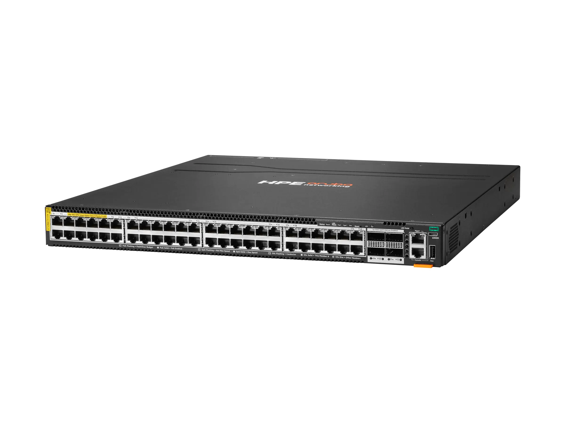 HPE Aruba Networking CX 6300M 48p SR10 1G/2.5G/5G/10G PTP/AVB Class8 PoE 4p 100G MACsec Switch - Switch - nur horizontale Oberflächenmontage - L3 - managed - 48 x 100/1000/2.5G/5G/10GBase-T (PoE++) S0E91A