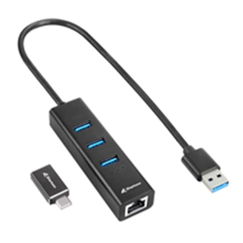 Sharkoon Shark 3-Port USB 3.2 Gen 1 Alu Hub+ RJ45 Ethernet Adapter bk