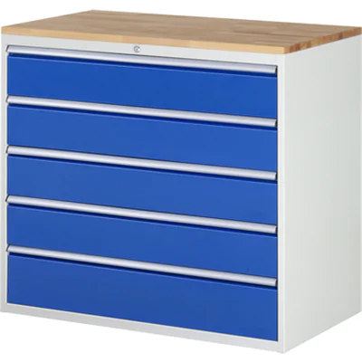 RAU Schubladenschrank 7000 1.145 x 1.035 x 650 mm (B x H x T) 5 Schubladen Farbe der Front: enzianblau Farbe des Korpus: lichtgrau
