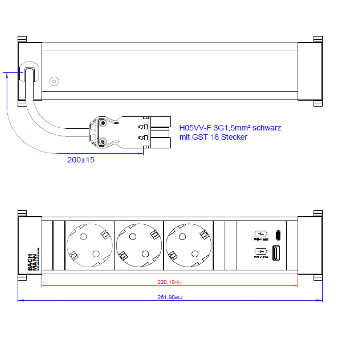 Bachmann Power Frame M 3xCEE7/3916.5021xUSB A&C 22W Charger 0.2m GST18 Bachmann Power Frame M 3xCEE7/3916.5021xUSB A&C 22W Charger 0.2m GST18