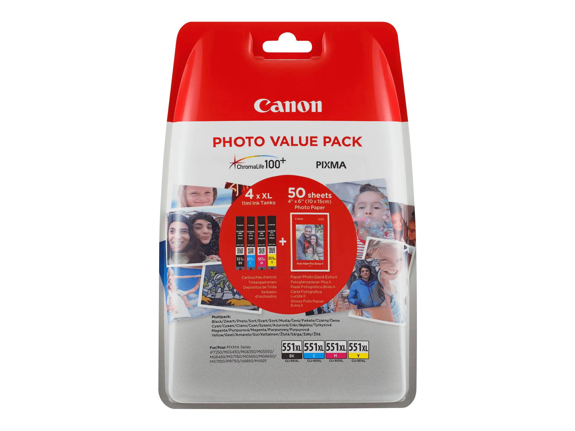 Canon CLI-551XL C/M/Y/BK Photo Value Pack - 4er-Pack - 11 ml - Schwarz, Gelb, Cyan, Magenta - Original - Blisterverpackung - Tintenbehälter - für PIXMA iP8750, iX6850, MG5550, MG5650, MG5655, MG6450, MG6650, MG7150, MG7550, MX725, MX925 Canon CLI-551XL C/M/Y/BK Photo Value Pack - 4er-Pack - 11 ml - Schwarz, Gelb, Cyan, Magenta - Original - Blisterverpackung - Tintenbehälter - für PIXMA iP8750, iX6850, MG5550, MG5650, MG5655, MG6450, MG6650, MG7150, MG7550, MX725, MX925