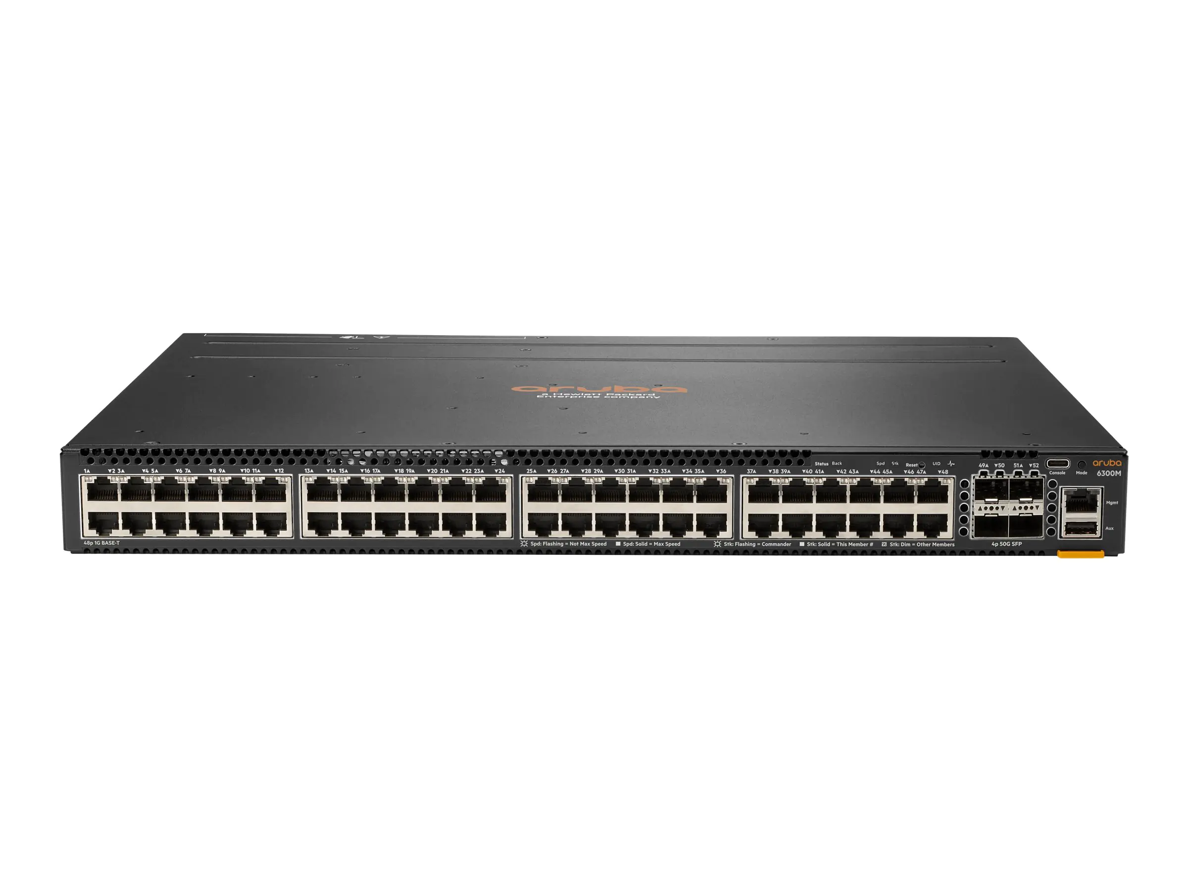 HPE Aruba 6300M - Switch - L3 - managed - 48 x 10/100/1000 (1 PoE+) + 4 x 1 Gigabit / 10 Gigabit / 25 Gigabit / 50 Gigabit SFP56 (Uplink / Stacking) - Front und Seite zu Hinterseite - an Rack montierbar - PoE+