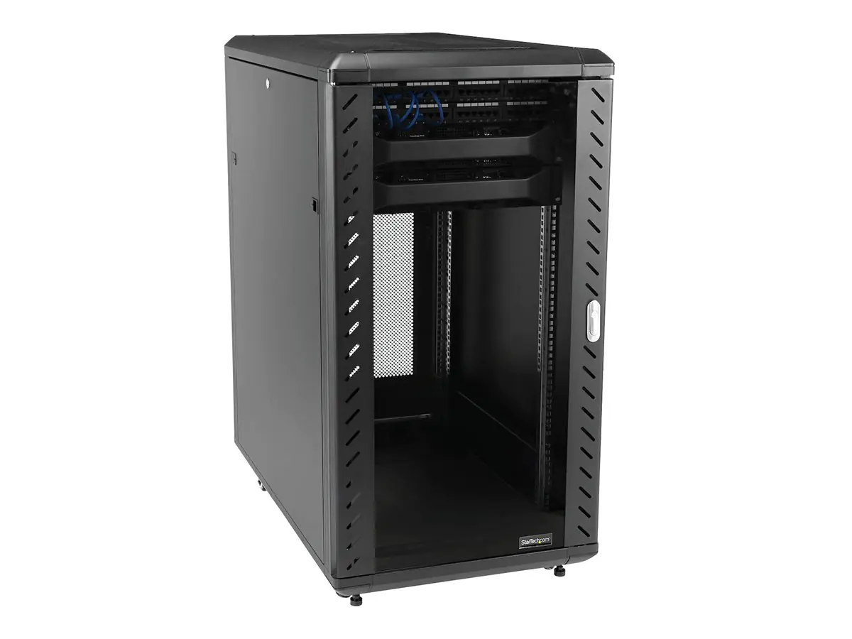 StarTech 18HE 19 Zoll Server Rack/Schrank - 4 Pfosten mit Einstellbare Tiefe(15-81cm), abschließbares Knock Down(FlatPack) Netzwerkschrank - Glastür & Rollen - HP ProLiant ThinkServer (RK1836BKF) - Schrank Netzwerkschrank - 4 Pfosten - bodenstehend - Schw