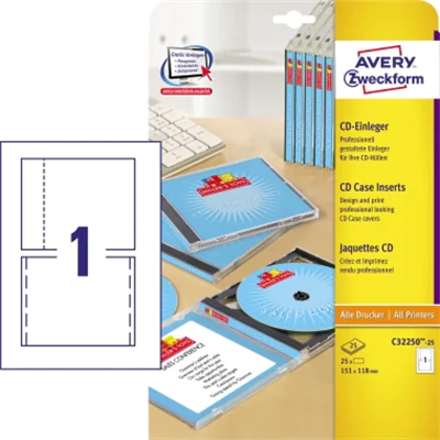 Avery Zweckform CD-Einleger C32250-25 weiß 25 Bl./Pack. Avery Zweckform CD-Einleger C32250-25 weiß 25 Bl./Pack.