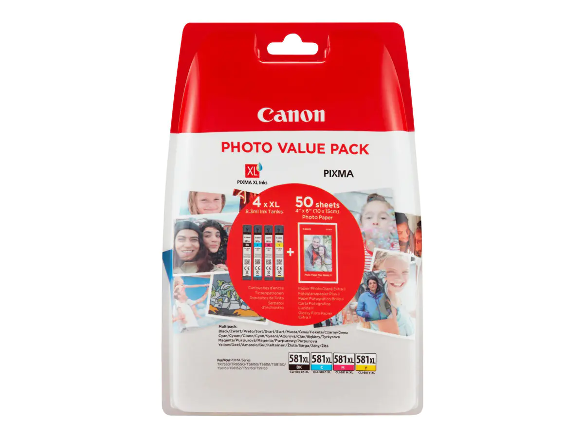 Canon CLI-581XL C/M/Y/BK Photo Value Pack - 4er-Pack - 8.3 ml - Hohe Ergiebigkeit - Schwarz, Gelb, Cyan, Magenta - Original - Tintenbehälter- / Papierpaket - für PIXMA TS6251, TS6350, TS6351, TS8251, TS8252, TS8350, TS8351, TS8352, TS9550, TS9551