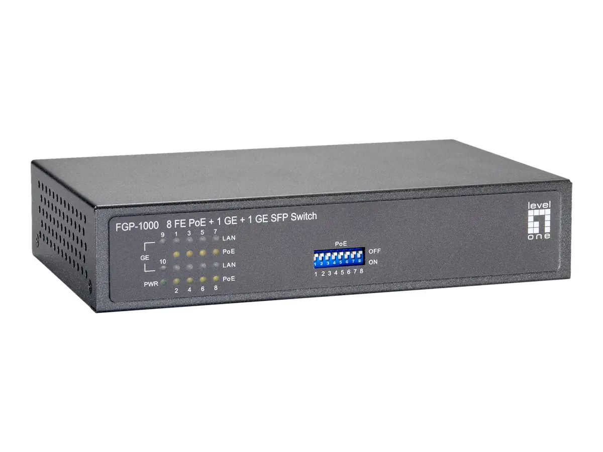 LevelOne FGP-1000W90 - Switch - 8 x 10/100 (PoE) + 1 x 10/100/1000 + 1 x 100/1000 SFP - Desktop, wandmontierbar - PoE (82 W)