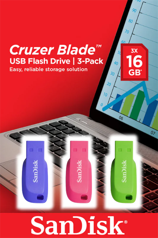 SanDisk Cruzer Blade - USB-Flash-Laufwerk - 16 GB - USB 2.0 - Blau, grün, pink (Packung mit 3) SDCZ50C-016G-B46T