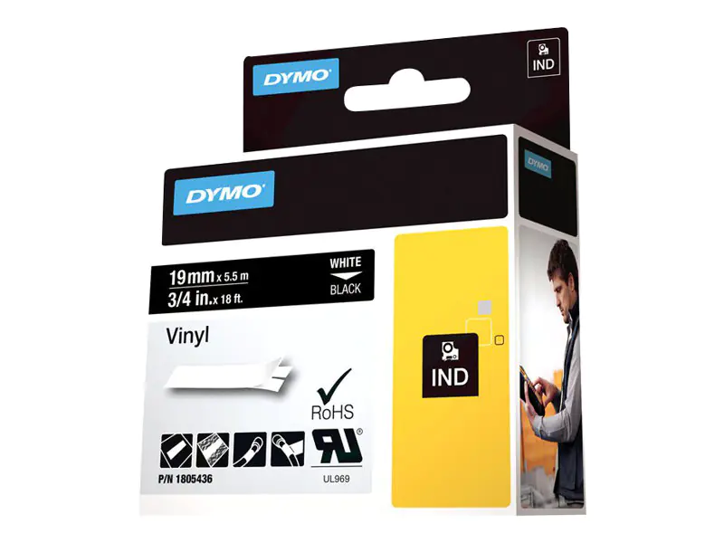 Dymo Rhino Coloured Vinyl - Vinyl - permanenter Klebstoff - Weiß auf Schwarz - Roll (1.9 cm x 5.5 m)