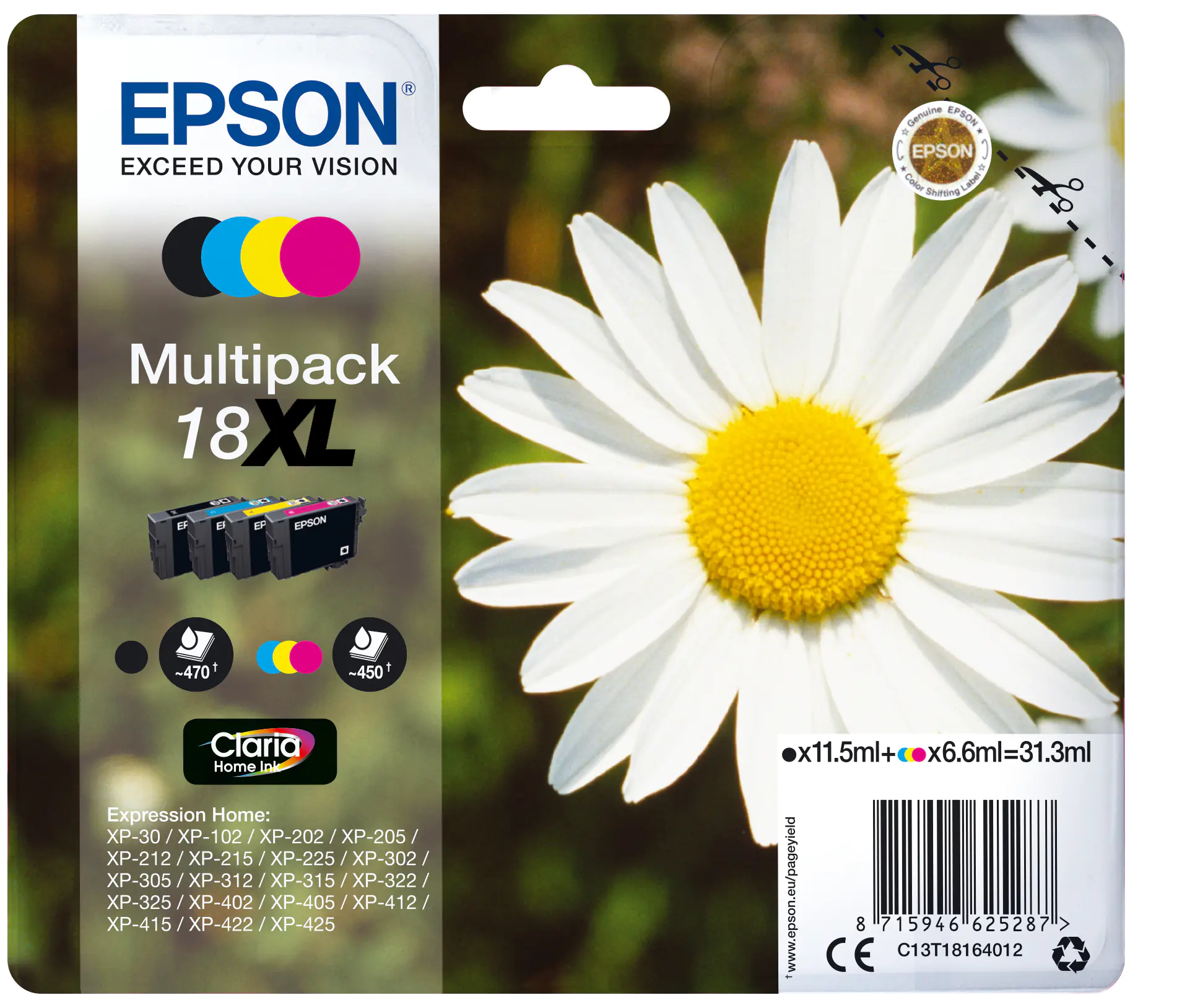Epson 18XL - 4er-Pack - XL - Schwarz, Gelb, Cyan, Magenta - Original - Blisterverpackung - Tintenpatrone - für Expression Home XP-212, 215, 225, 312, 315, 322, 325, 412, 415, 422, 425