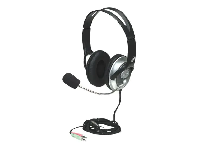 Manhattan Stereo Over-Ear Headset (3.5mm) (Clearance Pricing), Microphone Boom (padded), Adjustable Steel Headband, In-Line Volume Control, Ear Cushions, Std 2x 3.5mm stereo jack/plug for audio/mic use, cable 2.5m, 3 Year Warranty - Headset - On-Ear - kab