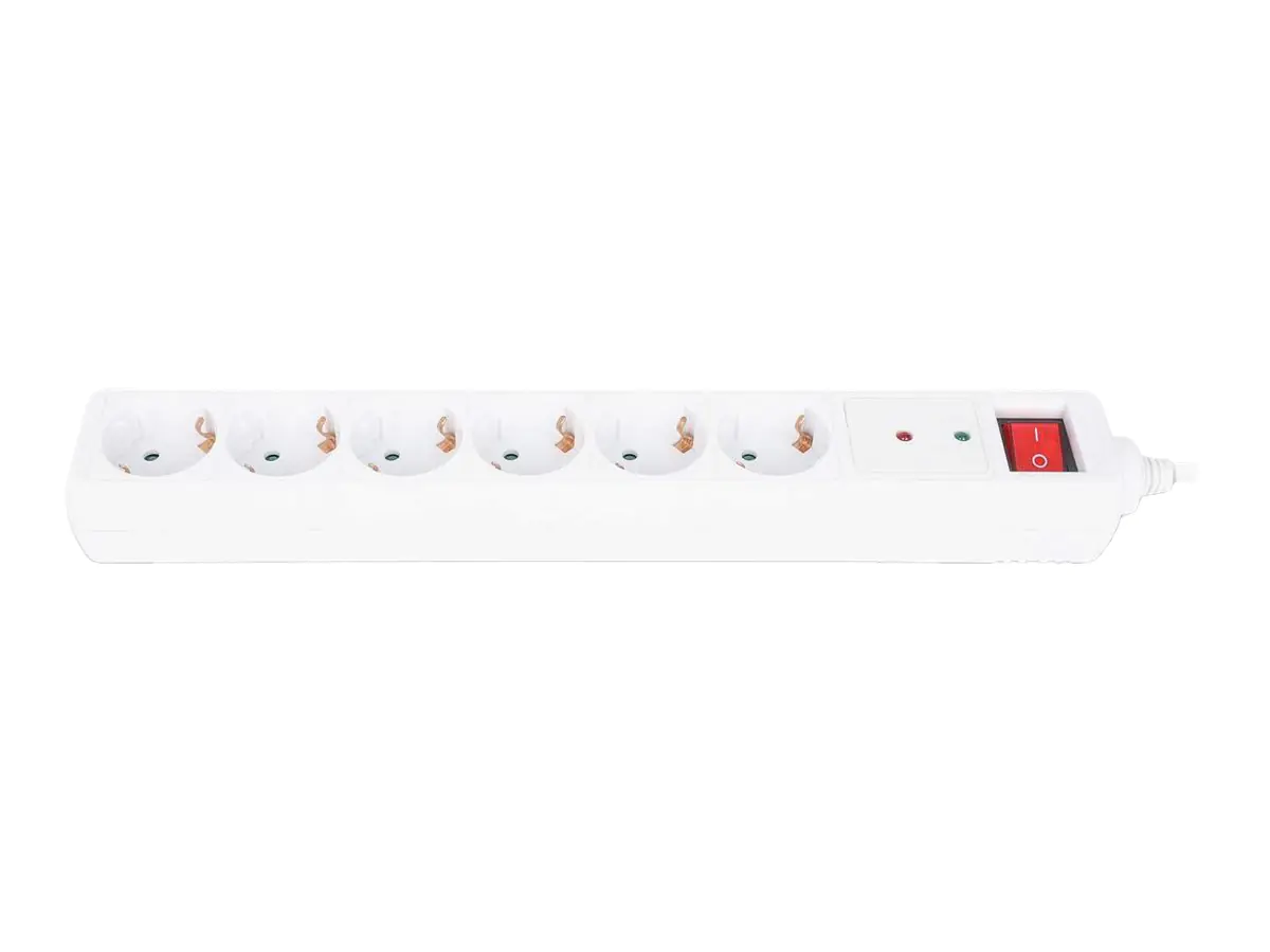 Manhattan Power Distribution Unit EU (2-pin), x6 gang/output with on/off switch (neon) and Surge Protection, 2m cable, 16A, White, Extension Lead, PDU, Power Strip, Three Year Warranty - Steckdosenleiste - mit Überspannungsschutz, Schalter - Ausgangsansch Manhattan Power Distribution Unit EU (2-pin), x6 gang/output with on/off switch (neon) and Surge Protection, 2m cable, 16A, White, Extension Lead, PDU, Power Strip, Three Year Warranty - Steckdosenleiste - mit Überspannungsschutz, Schalter - Ausgangsansch