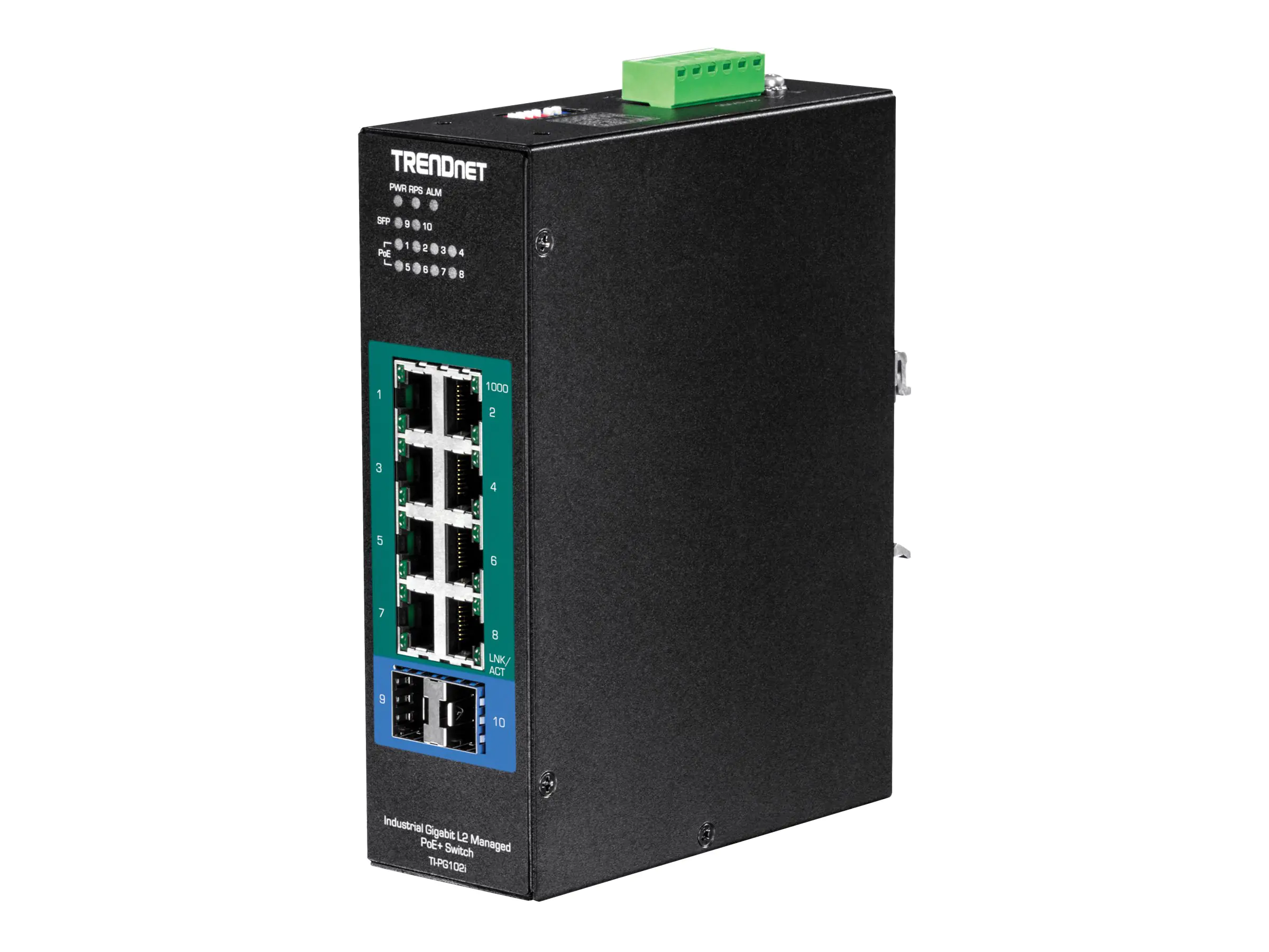 Trendnet TI-PG102I - Switch - managed - 8 x 10/100/1000 (PoE+) + 2 x Gigabit SFP - an DIN-Schiene montierbar - PoE+ (240 W) - DC-Stromversorgung - TAA-konform