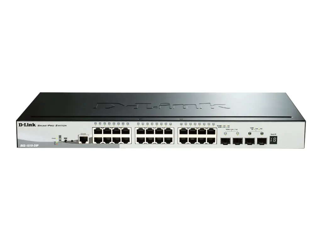 D-Link DGS 1510-28P - Switch - L3 - Smart - 24 x 10/100/1000 (PoE+) + 2 x Gigabit SFP + 2 x 10 Gigabit SFP+ - Desktop, an Rack montierbar - PoE+ (193 W)