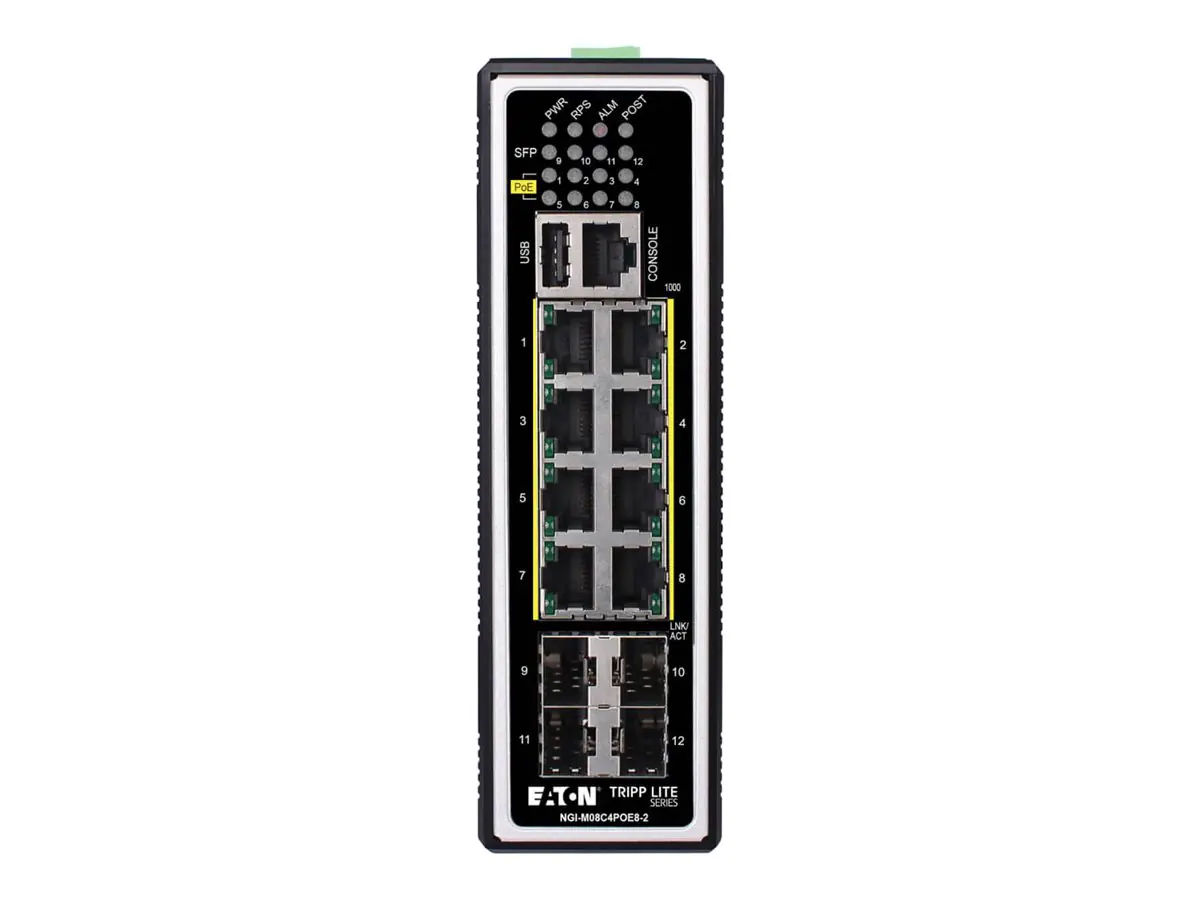 Tripp Eaton Tripp Lite series 8-Port Managed Industrial Gigabit Ethernet Switch - Layer 2, 1 Gbps, PoE+ 30W, 4 GbE SFP Ports, -40° to 75°C, DIN Mount - Switch - managed - 8 x 10/100/1000 (PoE+) NGI-M08C4POE8-2