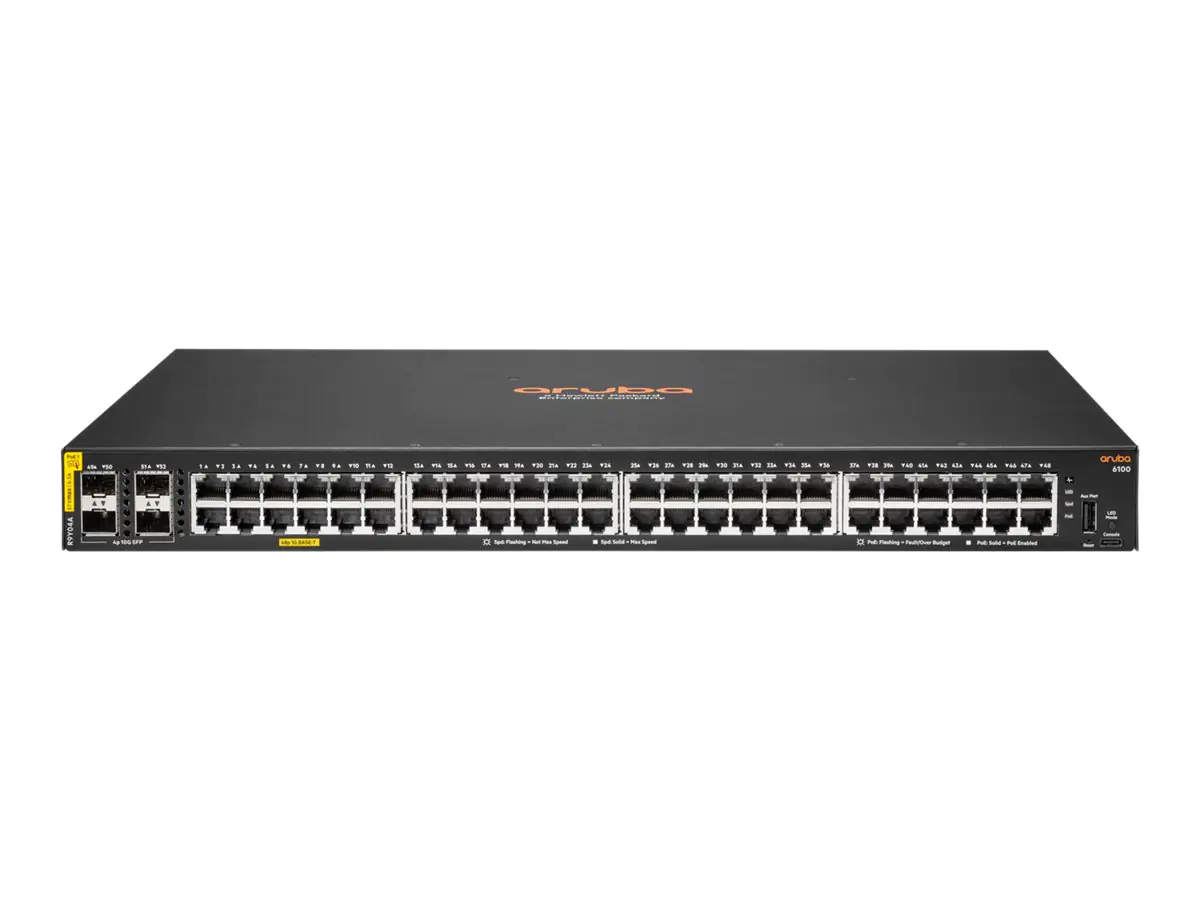 HPE Aruba Networking CX 6100 48G Class4 PoE 4SFP+ 740W Switch - Switch - L3 - managed - 48 x 10/100/1000 (PoE+) + 4 x 1 Gigabit/10 Gigabit SFP+ (Uplink) - Seite-zu-Seite-Luftstrom - an Rack montierbar, wandmontierbar - PoE+ (740 W) - CTO