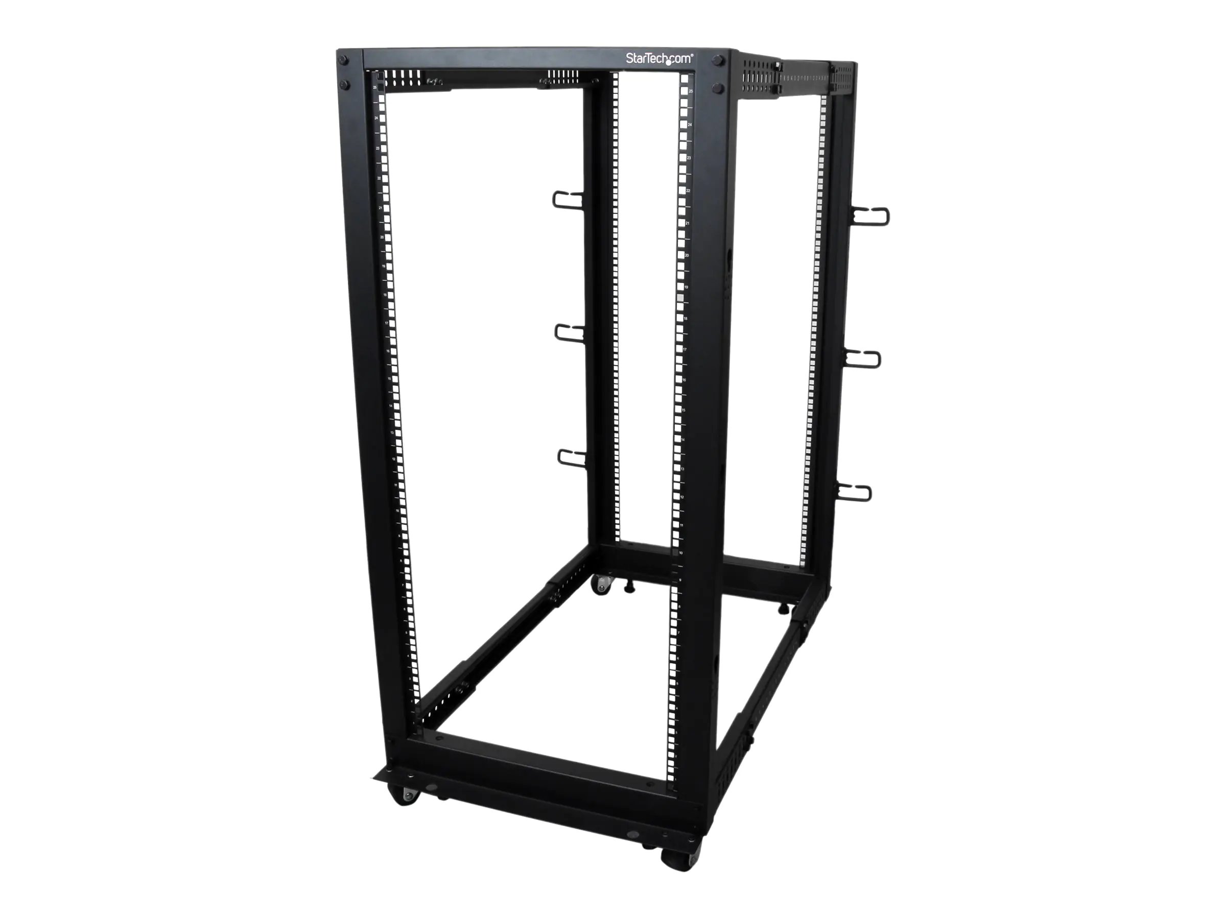 StarTech Open Frame Rack 25HE - 4 Pfosten Serverschrank - 58 cm - 104 cm tiefenverstellbar mit Rollen / Nivellierfüße und Kabelverwaltung (4POSTRACK25U) - Schrank offener Rahmen - Schwarz - 25U - für P/N: CABSCREWM5B, CABSCREWSM5, CABSCREWSM5B, CABSCREWSM