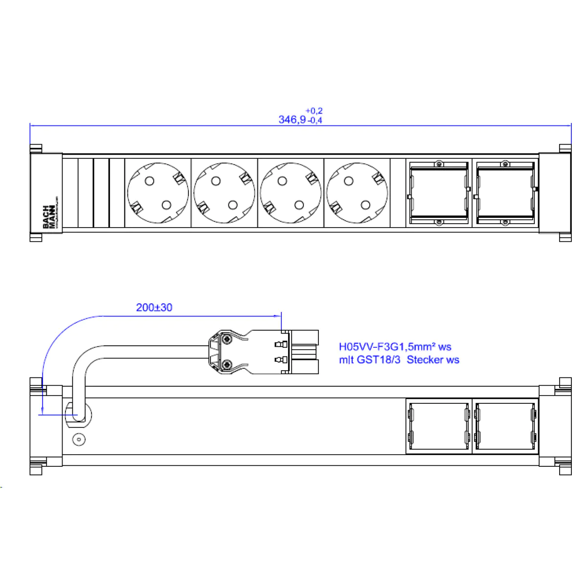 Bachmann POWER FRAME 4xCEE7/3916.7052xCM 0 2m GST18 RAL9010 Bachmann POWER FRAME 4xCEE7/3916.7052xCM 0 2m GST18 RAL9010