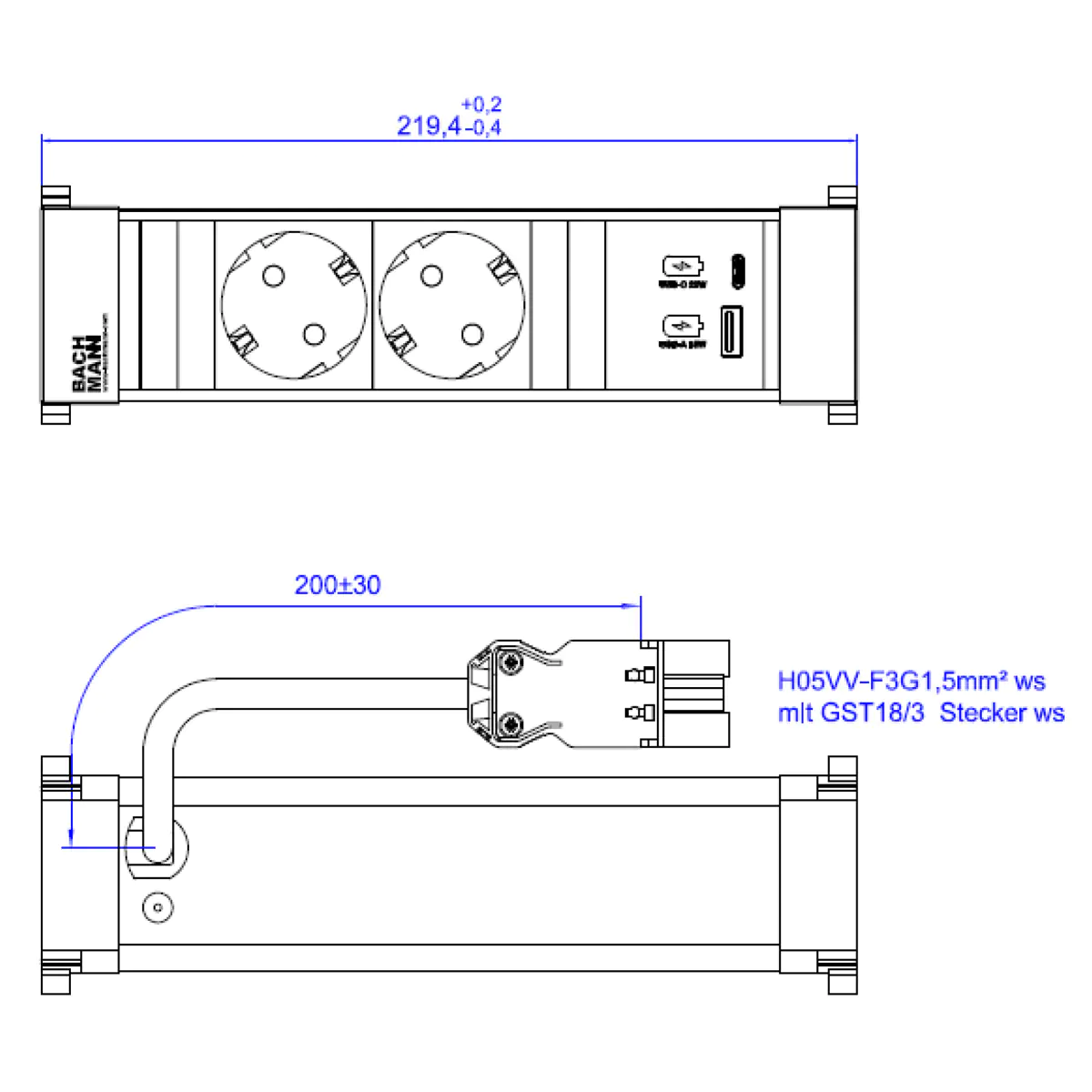 Bachmann POWER FRAME 2xCEE7/3916.7001xUSB A/C 22W 0 2m GST18