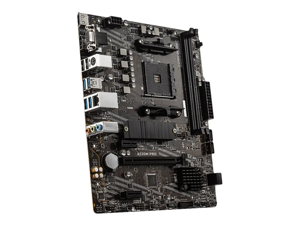 MSI A520M PRO - Motherboard - micro ATX - Socket AM4 - AMD A520 Chipsatz - USB 3.2 Gen 1 - Gigabit LAN - Onboard-Grafik (CPU erforderlich) - HD Audio (8-Kanal)