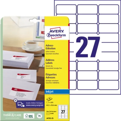 Avery Zweckform Etikett J4792-25 63,5x29,6mm ws 675 St./Pack. Avery Zweckform Etikett J4792-25 63,5x29,6mm ws 675 St./Pack.