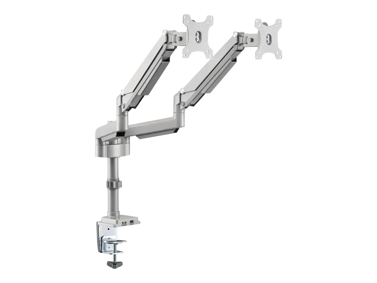 Eaton Tripp Lite Series Dual-Display Flex-Arm Mount for 17" to 32" Monitors - Clamp or Grommet, USB, Audio Ports - Befestigungskit (Spannbefestigung für Tisch) - Voll beweglich - für 2 LCD-Displays - Stahl - Silber - Bildschirmgröße: 43.2-81.3 cm (17"-32"