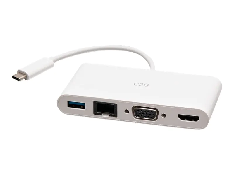 C2G USB C to HDMI, VGA, USB A & RJ45 Adapter - 4K 30Hz - White - Dockingstation - USB-C / Thunderbolt 3 - VGA, HDMI - 1GbE