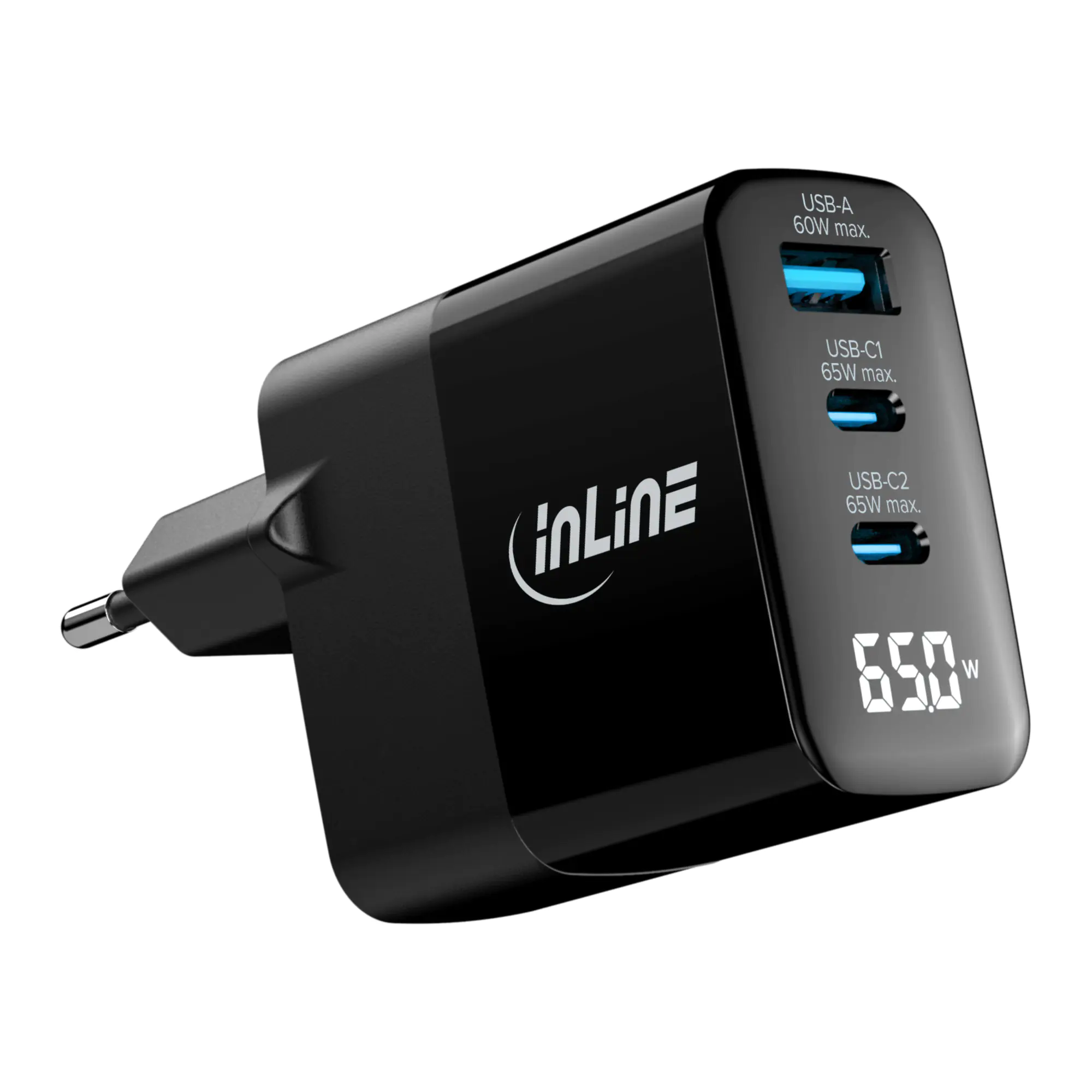 InLine USB PD Netzteil - GaN Ladegerät - 3-Port - USB-C + USB-A - 65W - mit Display 31552