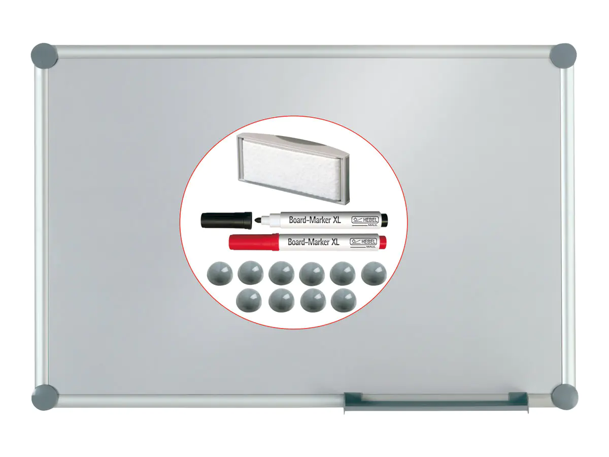 MAUL Whiteboard 2000 MAULpro Maße der Oberfläche: 120 x 90 cm (B x H) nicht beidseitig beschreibbar inkl. 2 Boardmarker (je 1 x schwarz, rot) 1 magnethaftender Tafelwischer mit Vlies-Spanneinrichtung, 10 hochglanzpolierte Kugel-Magnete (grau) Stahlblech