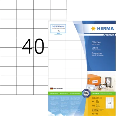 HERMA Etikett PREMIUM 4461 52,5x29,7mm weiß 4.000 Etik./Pack. HERMA Etikett PREMIUM 4461 52,5x29,7mm weiß 4.000 Etik./Pack.