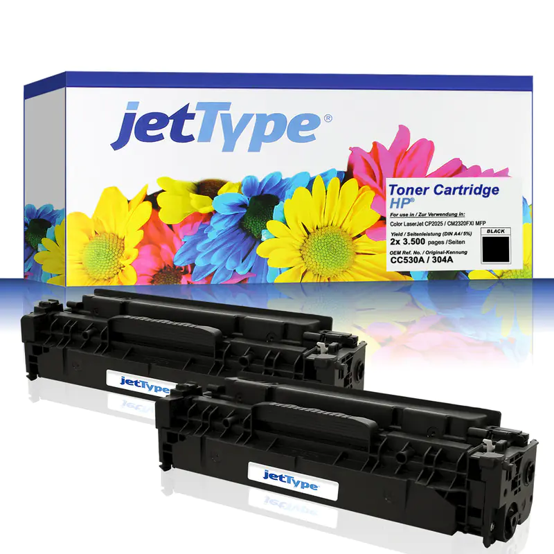 jetType Toner Doppelpack kompatibel zu HP CC530AD 304A schwarz 3.500 Seiten 2 Stück jetType Toner Doppelpack kompatibel zu HP CC530AD 304A schwarz 3.500 Seiten 2 Stück