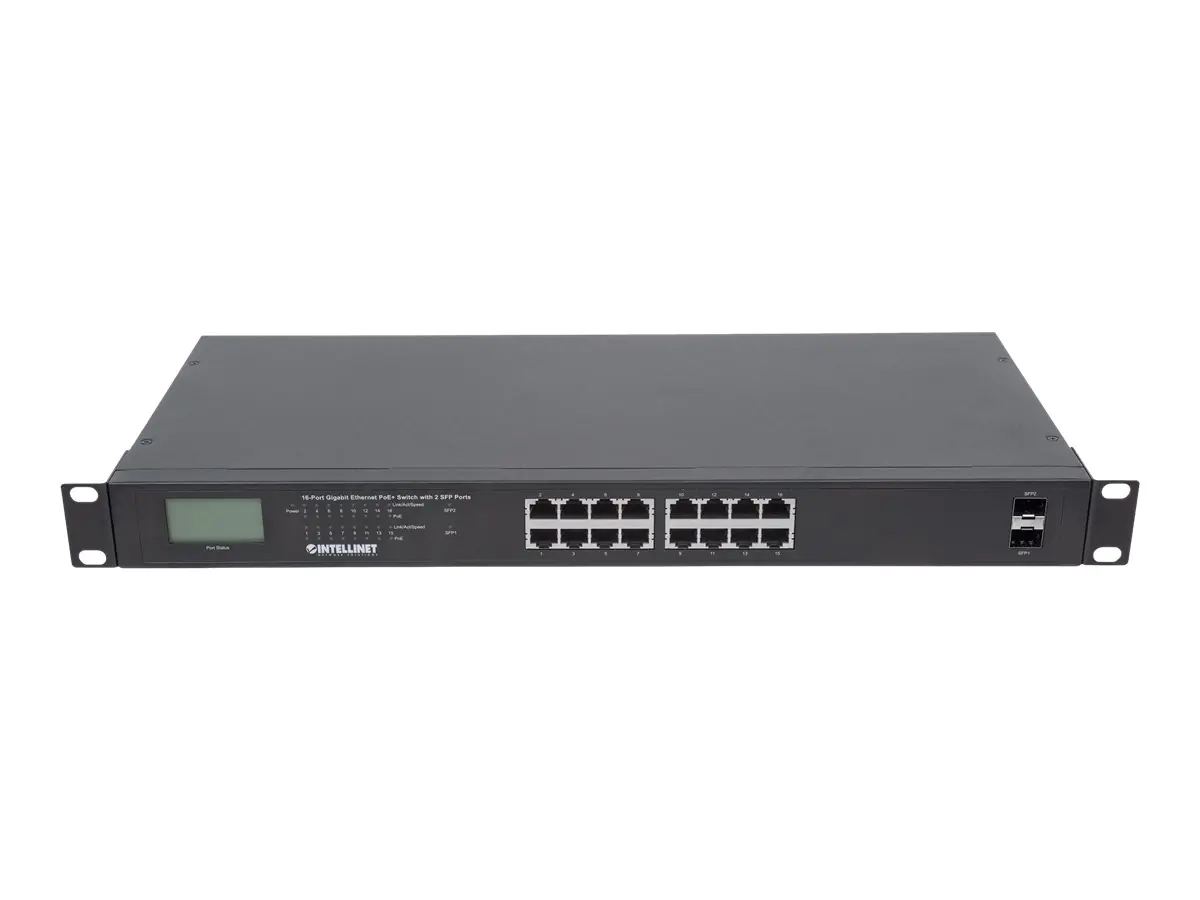 Intellinet 16-Port Gigabit Ethernet PoE+ Switch with 2 SFP Ports, LCD Display, IEEE 802.3at/af Power over Ethernet (PoE+/PoE) Compliant, 370 W, Endspan, 19" Rackmount - Switch - unmanaged - 16 x 10/100/1000 (PoE+) + 2 x Gigabit SFP - Desktop, an Rack mont