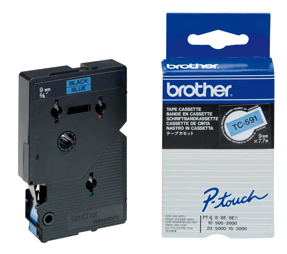 Brother TC591 - 9 mm x Schwarz auf Blau - laminiertes Band - für P-Touch PT-2000, PT-3000, PT-500, PT-5000, PT-8E Brother TC591 - 9 mm x Schwarz auf Blau - laminiertes Band - für P-Touch PT-2000, PT-3000, PT-500, PT-5000, PT-8E