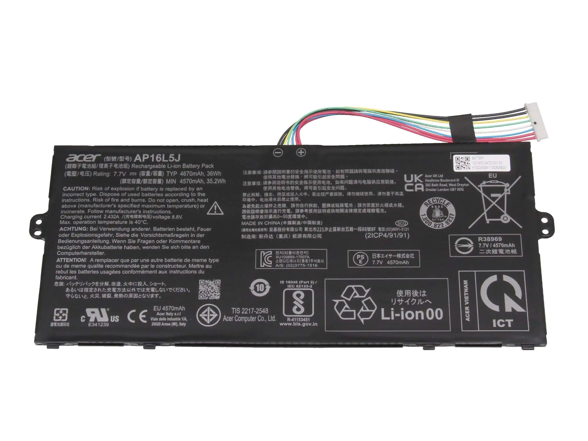 Acer KT.00205.008 Akku 36Wh Original AP16L5J - Akku - 4.670 mAh