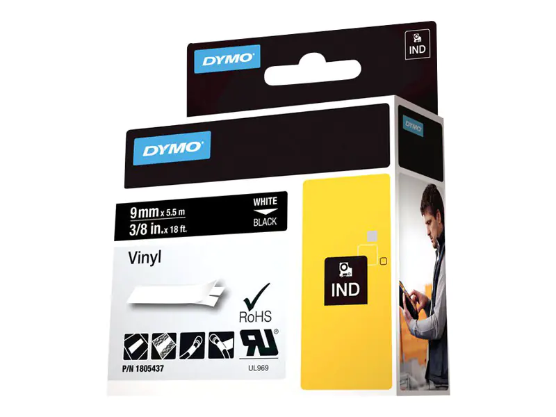 Dymo Rhino Coloured Vinyl - Vinyl - permanenter Klebstoff - Weiß auf Schwarz - Rolle (1 cm x 5,5 m) 1805437