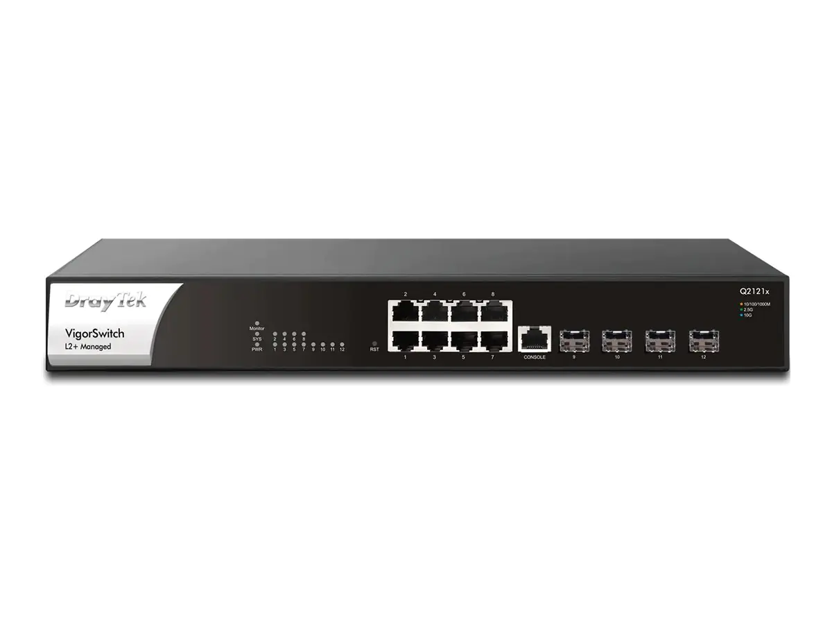 Draytek VigorSwitch PQ2121x - Switch - L2+ - managed - 8 x 2.5GBase-T + 4 x 10 Gigabit SFP+ - Desktop, an Rack montierbar, wandmontierbar - PoE+ (140 W) VSWITCHPQ2121X-DE-AT-CH