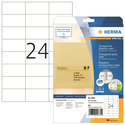 HERMA Etikett 4685 70x37mm Folie transparent 600 St./Pack. HERMA Etikett 4685 70x37mm Folie transparent 600 St./Pack.