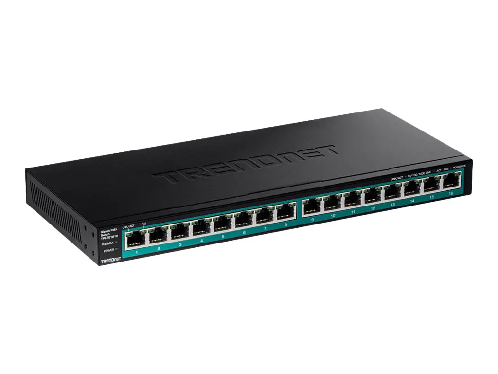 TRENDnet TPE TG161H - Switch - 16 x 10/100/1000 (PoE+) - an Rack montierbar - PoE+ (120 W) - TAA-konform