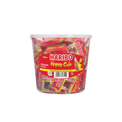 HARIBO Fruchtgummi Happy-Cola Minibeutel 100 x 9 g/Pack. HARIBO Fruchtgummi Happy-Cola Minibeutel 100 x 9 g/Pack.