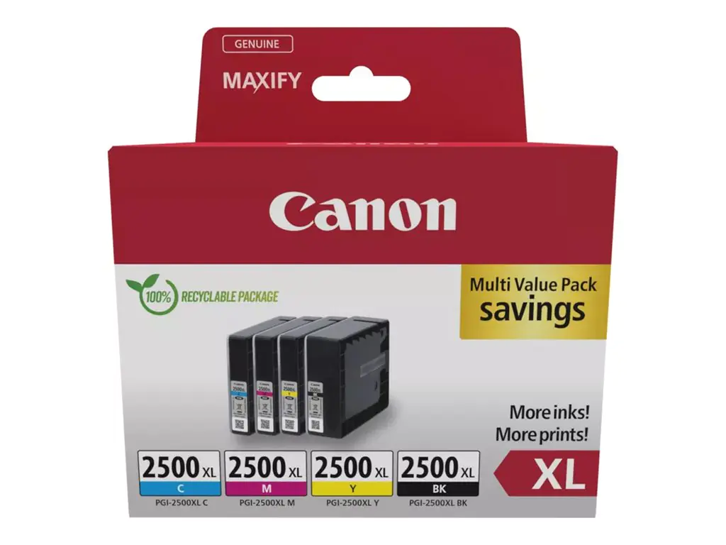 Canon PGI-2500XL BK/C/M/Y Multipack - 4er-Pack - XL - Schwarz, Gelb, Cyan, Magenta - original - Tintenbehälter - für MAXIFY iB4050, iB4150, MB5150, MB5155, MB5350, MB5450