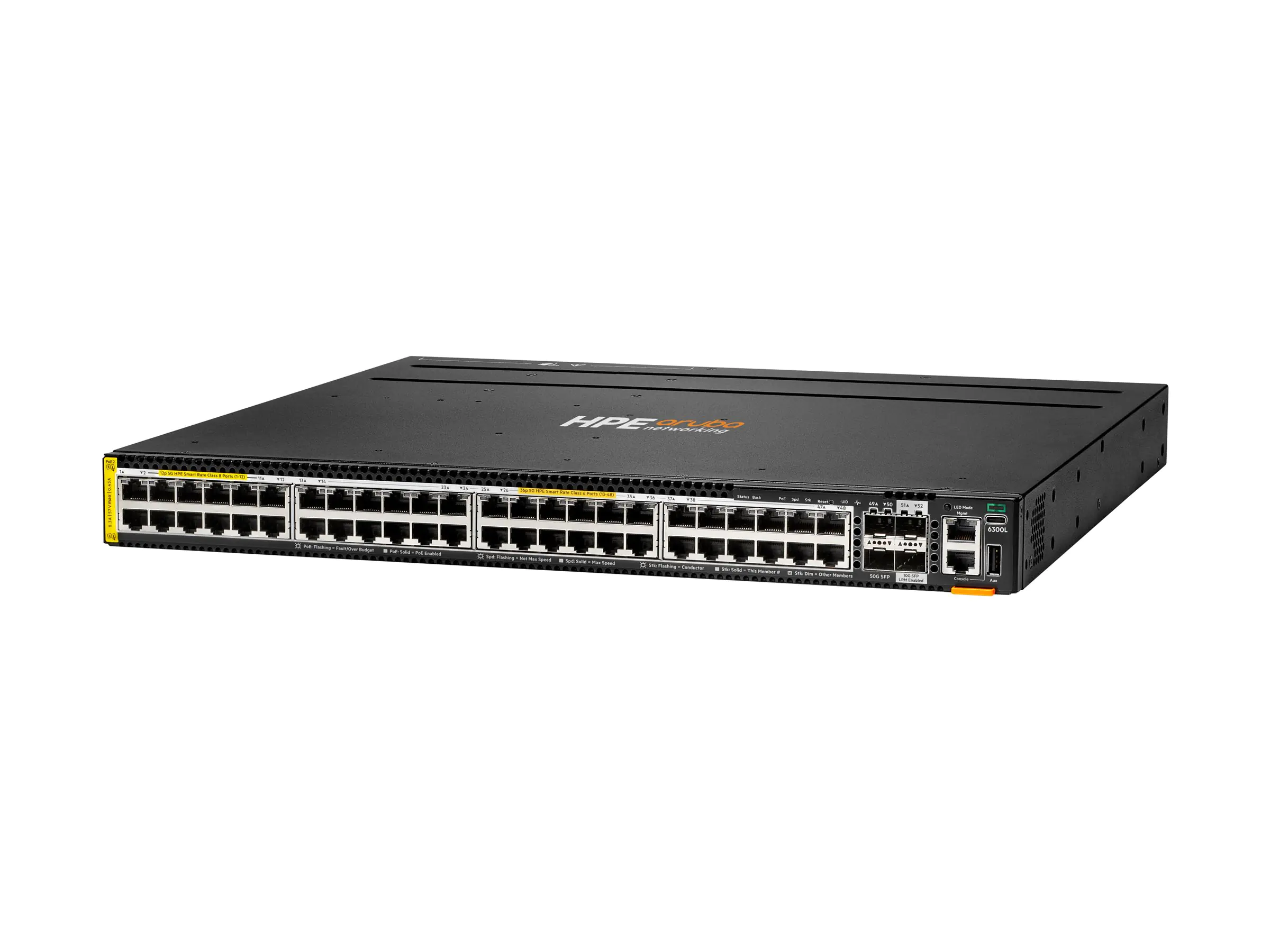 HPE Aruba Networking CX 6300L 48p Smart Rate 1G/2.5G/5G Class8/6 PoE 2p 50G and 2p 10G LRM L2 Switch - Switch - L3 - 48 x 1/2.5/5GBase-T (PoE++) S3L77A