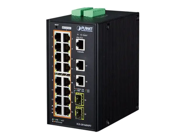 PLANET IGS-20160HPT - Switch - L3 - managed - 16 x 10/100/1000 (PoE+) + 2 x 10/100/1000 + 2 x SFP - an DIN-Schiene montierbar, wandmontierbar - PoE+ (320 W) - Gleichstrom